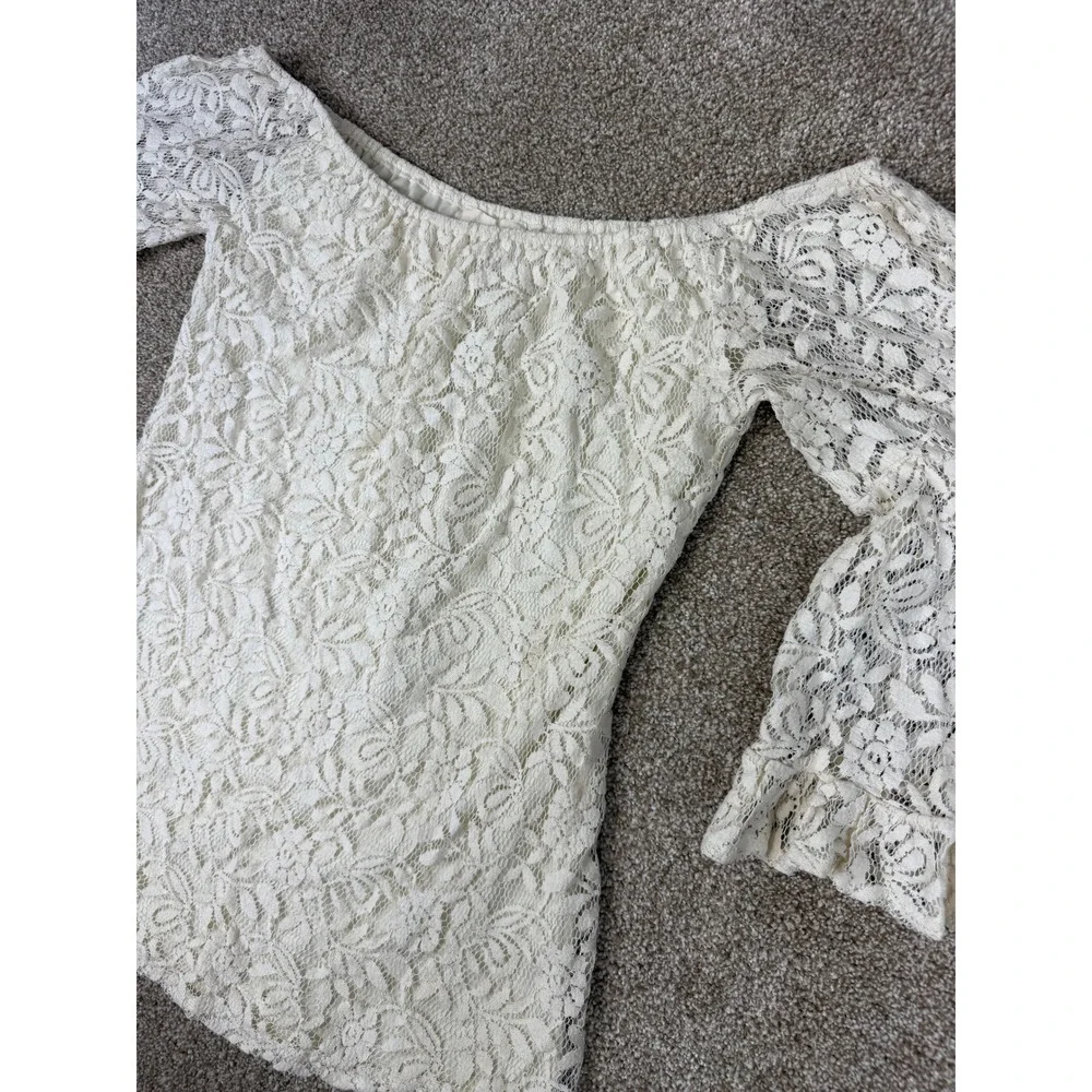Entro‎ Women Cream Floral Lace Off Shoulder Bell Sleeve Ruffle Top T3119 Large